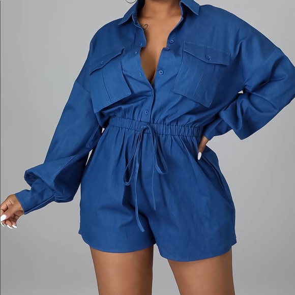Long Sleeve Denim Romper with Pockets and Elastic Tie Waist XL - Picture 6 of 7